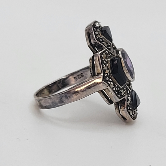 Sterling Silver Purple Glass Center Onyx Art Deco Style Ring Size 5 1/4 - Picture 2 of 13